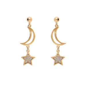BOUCLES D'OREILLES TIGE PLAQUÉ OR LUNE ÉVIDÉE ET ETOILE OXYDES BLANCS SERTIS