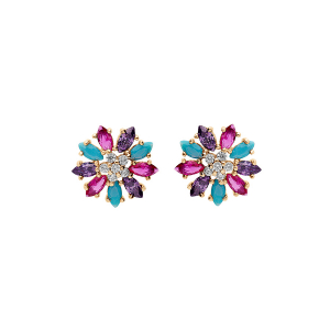 BOUCLES D'OREILLES TIGE PLAQUÉ OR FLEUR OXYDES MULTI COULEURS
