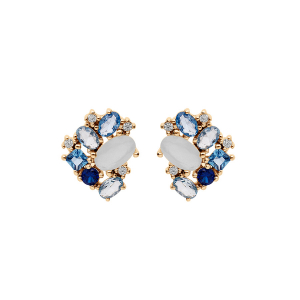 BOUCLES D'OREILLES TIGE PLAQUÉ OR OXYDES BLEUS ET BLANCS