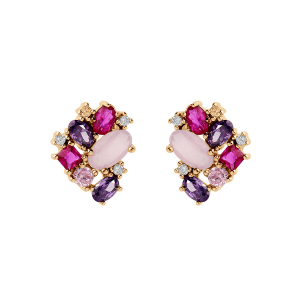 BOUCLES D'OREILLES TIGE PLAQUÉ OR OXYDES ROSES ET VIOLETS 16+2CM