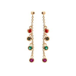 BOUCLES D'OREILLES TIGE PLAQUÉ OR PAMPILLES RONDE  OXYDES SERTIS MULTI COULEURS