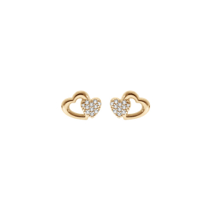BOUCLES D'OREILLES TIGE PLAQUÉ OR DOUBLE COEURS OXYDES BLANCS SERTIS