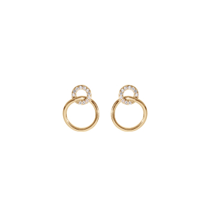 BOUCLES D'OREILLES TIGE PLAQUÉ OR 2 RONDS 1 AVEC OXYDES BLANCS SERTIS ET 1 LISSE