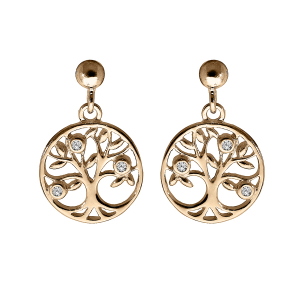 BOUCLES D'OREILLES TIGE PLAQUÉ OR ARBRE DE VIE OXYDES BLANCS SERTIS