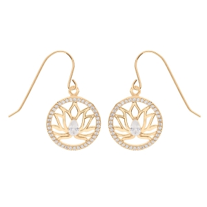 BOUCLES D'OREILLES CROCHET PLAQUÉ OR FLEUR DE LOTUS CONTOUR CERCLE OXYDES BLANCS SERTIS