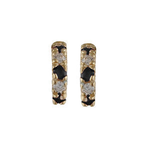 BOUCLES D'OREILLES PLAQUÉ OR DEMI CREOLE RAIL PIERRES SYNTHETIQUES NOIRES ET BLANCHES