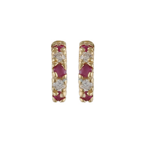 BOUCLES D'OREILLES PLAQUÉ OR DEMI CREOLE RAIL PIERRES SYNTHETIQUES ROUGES ET BLANCHES