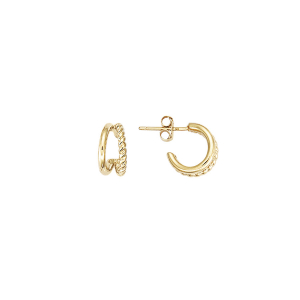 BOUCLES D'OREILLES TIGE PLAQUÉ OR CRÉOLES DOUBLE RANG TORSADE ET LISSE