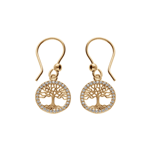 BOUCLES D'OREILLES CROCHET PLAQUÉ OR ARBRE DE VIE CONTOUR OXYDES BLANCS SERTIS