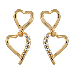 BOUCLES D'OREILLES TIGE PLAQUÉ OR DOUBLE COEUR PIERRES BLANCHES SYNTHETIQUE