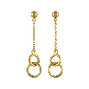 BOUCLES D'OREILLES TIGE PLAQUÉ OR PENDANTES CHAINETTE 2 ANNEAUX