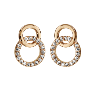 BOUCLES D'OREILLES TIGE PLAQUÉ OR DOUBLE CERCLE ENTRELACE PIERRES BLANCHES SYNTHETIQUE
