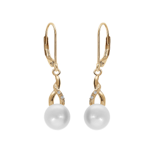 BOUCLES D'OREILLES DORMEUSE PLAQUÉ OR PERLE DE CULTURE D'EAU DOUCE AVEC OXYDES BLANCS SERTIS
