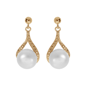 BOUCLES D'OREILLES TIGE FORME GOUTTE PLAQUÉ OR PERLE DE CULTURE D'EAU DOUCE AVEC OXYDES BLANCS SERTIS