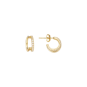 BOUCLES D'OREILLES TIGE PLAQUÉ OR CRÉOLES DOUBLE RANG LISSE ET OXYDES BLANCS