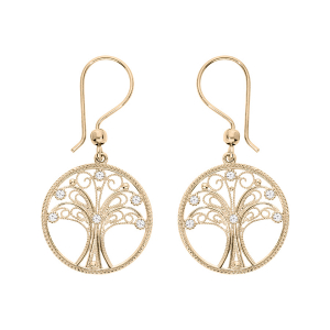 BOUCLES D'OREILLES PLAQUÉ OR CROCHET ARBRE DE VIE FILIGRANE ET OXYDES BLANCS SERTIS