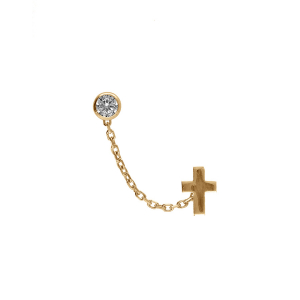 BOUCLES D'OREILLES PLAQUÉ OR CHAINETTE OXYDE BLANC 4MM SERTI ET CROIX LISSE (2 TROUS)