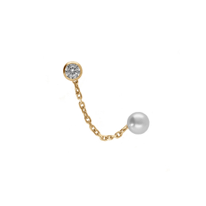 BOUCLES D'OREILLES PLAQUÉ OR CHAINETTE OXYDE BLANCS 4MM SERTI CLOS  ET PERLE IMITATION BLANCHE 5MM (2 TROUS)