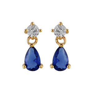 BOUCLES D'OREILLES PLAQUÉ OR TIGE PIERRE GOUTTE PENDANTE BLEU FONCE SYNTHETIQUE