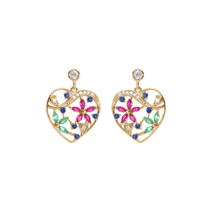 BOUCLES D'OREILLES TIGE PLAQUÉ OR COEUR AVEC FLEURS OXYDES MULTI COULEURS