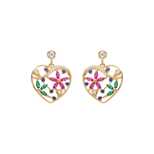 BOUCLES D'OREILLES TIGE PLAQUÉ OR COEUR AVEC FLEURS OXYDES MULTI COULEURS