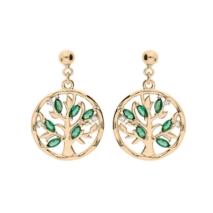 BOUCLES D'OREILLES TIGE PLAQUÉ OR ARBRE DE VIE OXYDES VERT