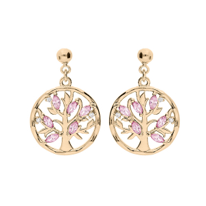 BOUCLES D'OREILLES TIGE PLAQUÉ OR ARBRE DE VIE OXYDES ROSES