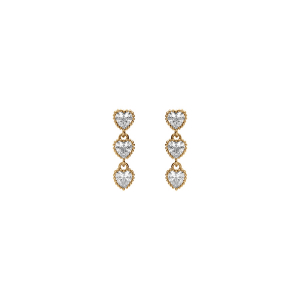 BOUCLES D'OREILLES TIGE PLAQUÉ OR PENDANTE 3 COEURS OXYDES BLANCS