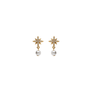 BOUCLES D'OREILLES TIGE PLAQUÉ OR FORME ETOILE OXYDES BLANCS ET PERLE BLANCHE IMITATION
