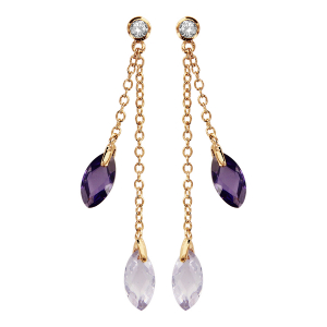 BOUCLES D'OREILLES PLAQUÉ OR PIERRE RONDE BLANCHE SYNTHETIQUE DOUBLE CHAINE 2 GOUTTES LAVANDE ET VIOLETTE