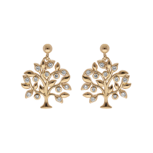 BOUCLES D'OREILLES TIGE PLAQUÉ OR ARBRE DE VIE 15MM OXYDES BLANCS SERTIS