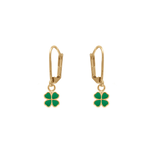 BOUCLES D'OREILLES PLAQUÉ OR DORMEUSE TREFLE RÉSINE VERTE
