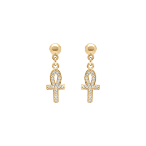 BOUCLES D'OREILLES TIGE PLAQUÉ OR PENDANTE CROIX OXYDES BLANCS 15MM X 0.7MM