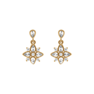 BOUCLES D'OREILLES TIGE PLAQUÉ OR PENDANTE FLEUR OXYDES BLANCS SERTI CLOS