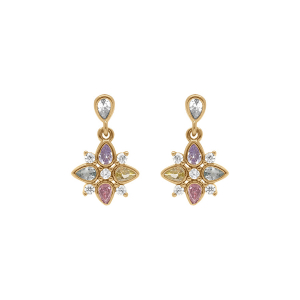 BOUCLES D'OREILLES TIGE PLAQUÉ OR PENDANTE FLEUR OXYDES COULEURS PASTELLES SERTI CLOS