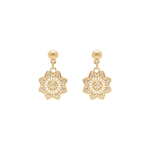 BOUCLES D'OREILLES TIGE PLAQUÉ OR PENDANTE FLEUR FILIGRANE OXYDES BLANCS SERTIS