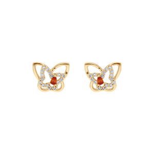 BOUCLES D'OREILLES TIGE PLAQUÉ OR PAPILLON OXYDE ROUGE ET OXYDES BLANCS