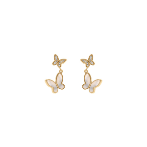 BOUCLES D'OREILLES TIGE PLAQUÉ OR PENDANTE DOUBLE PAPILLON NACRE BLANCHE ET OXYDES BLANCS