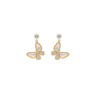 BOUCLES D'OREILLES TIGE PLAQUÉ OR PENDANTE PAPILLON NACRE VÉRITABLE BLANCHE ET OXYDES BLANCS