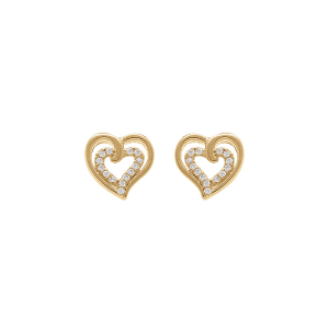 BOUCLES D'OREILLES TIGE PLAQUÉ OR DOUBLE COEUR OXYDES BLANCS