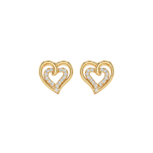 BOUCLES D'OREILLES TIGE PLAQUÉ OR DOUBLE COEUR OXYDES BLANCS