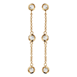 BOUCLES D'OREILLES PLAQUÉ OR PENDANTE 3 PIERRES SERTIES CLOS BLANCHES SYNTHETIQUE