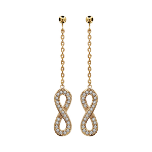 BOUCLES D'OREILLES TIGE PLAQUÉ OR PENDANTE FORME HUIT (INFINI) PIERRES BLANCHES SYNTHETIQUE