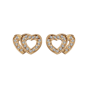 BOUCLES D'OREILLES TIGE PLAQUÉ OR DOUBLE COEUR AJOURE CONTOUR PIERRES BLANCHES SYNTHETIQUE