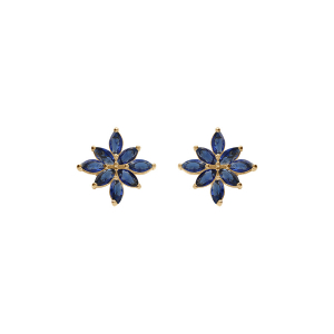BOUCLES D'OREILLES TIGE PLAQUÉ OR FLEUR OXYDES BLEU