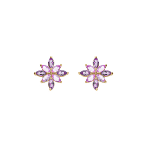 BOUCLES D'OREILLES TIGE PLAQUÉ OR FLEUR OXYDES VIOLET ET ROSE