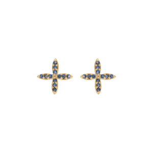 BOUCLES D'OREILLES TIGE PLAQUÉ OR CROIX OXYDES BLEUS