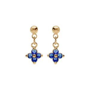 BOUCLES D'OREILLES TIGE PLAQUÉ OR PENDANTS FLEUR OXYDES BLEU