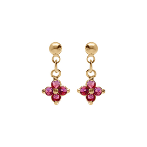BOUCLES D'OREILLES TIGE PLAQUÉ OR PENDANTS FLEUR OXYDES FUSHIA