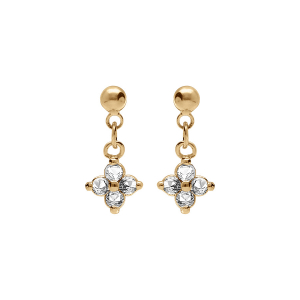 BOUCLES D'OREILLES TIGE PLAQUÉ OR PENDANTS FLEUR OXYDES BLANC